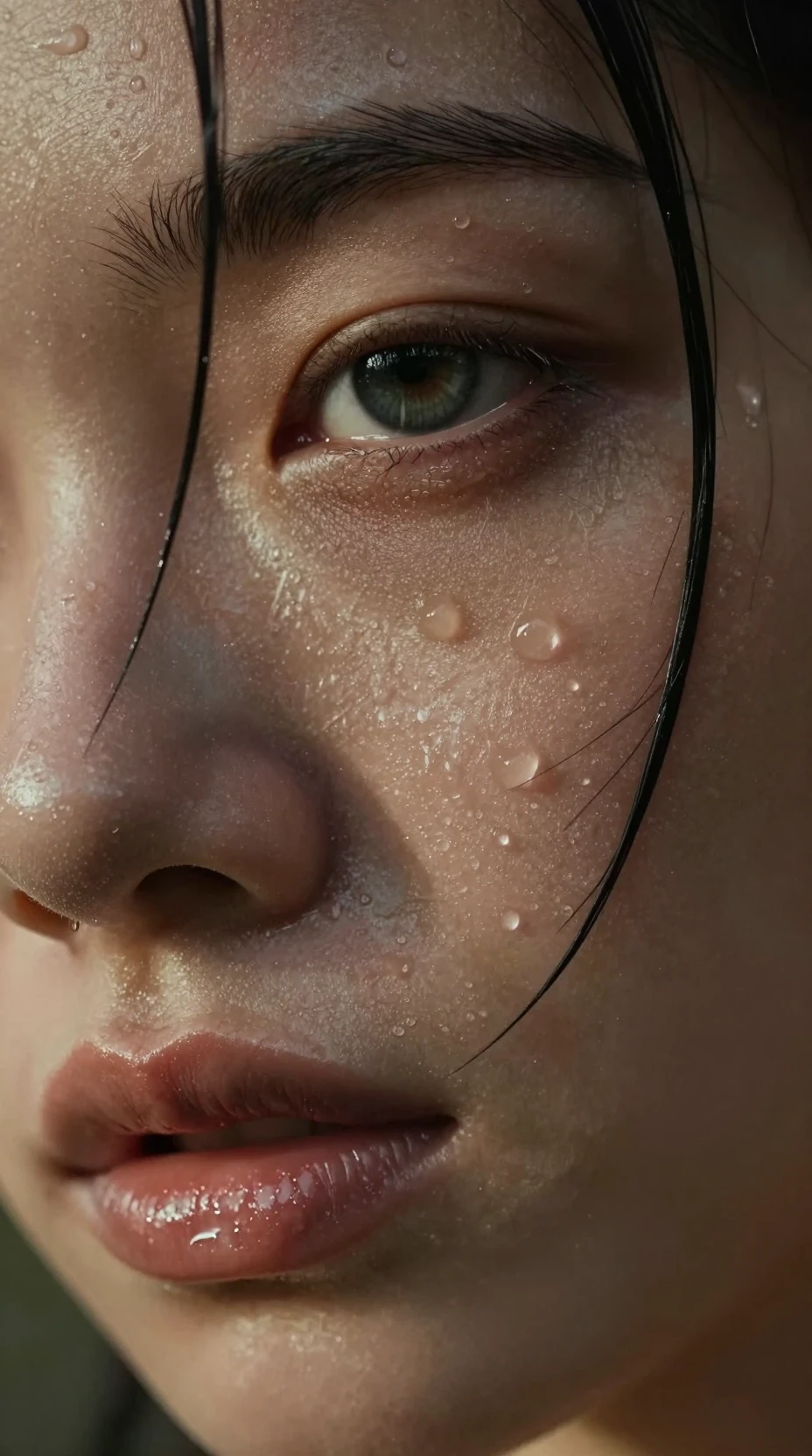 Intense wet close up portrait with shimmering water droplets