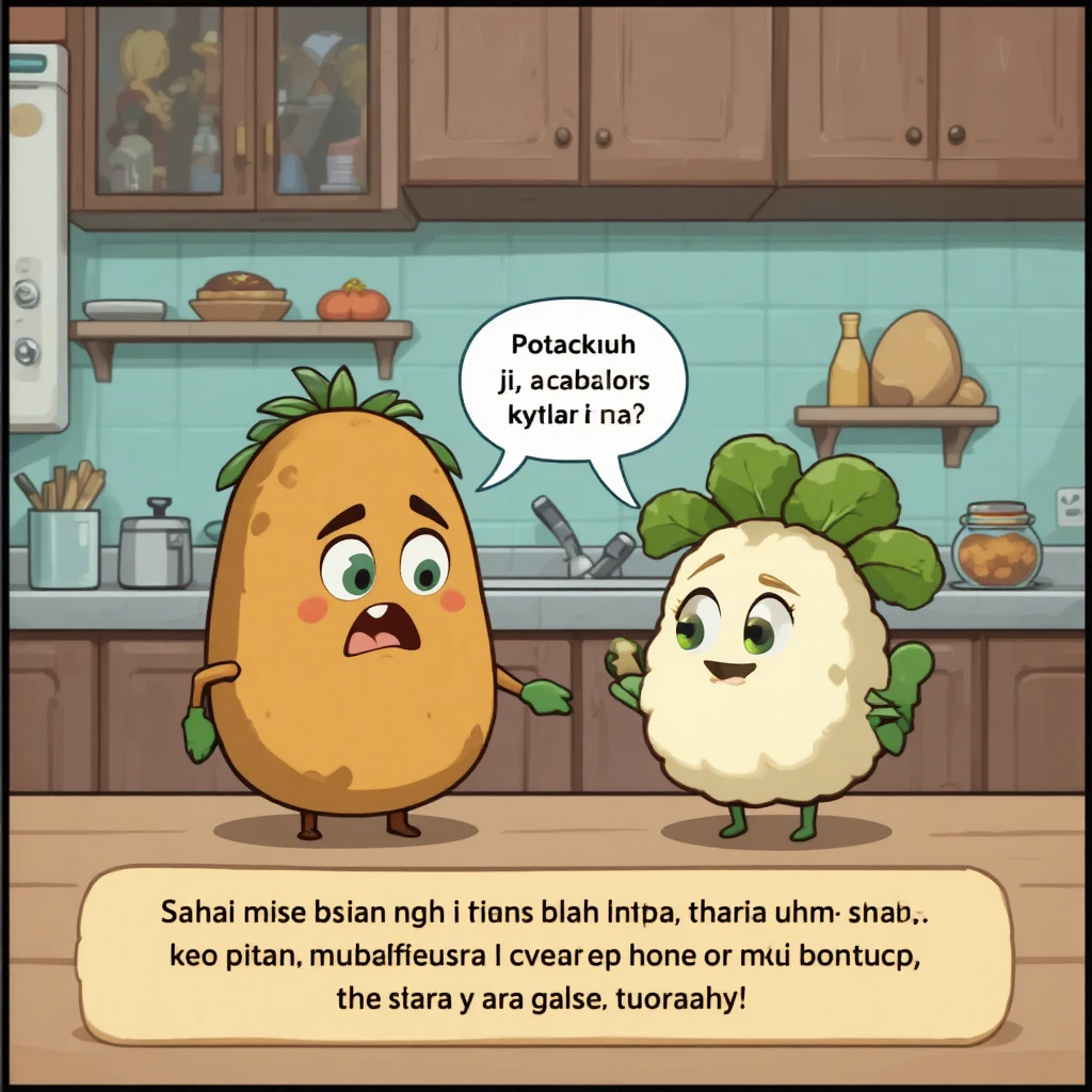 Angry potato talking with friendly cauliflower in kitchen