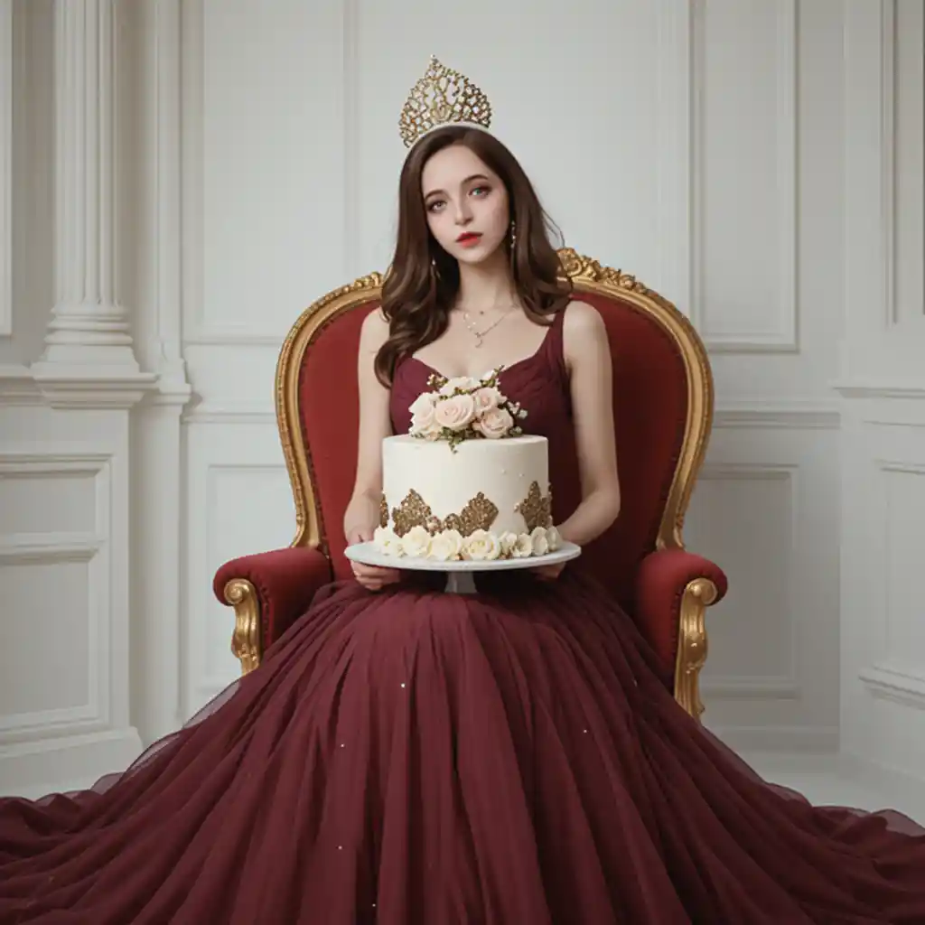Young girl in burgundy dress holding a large cake