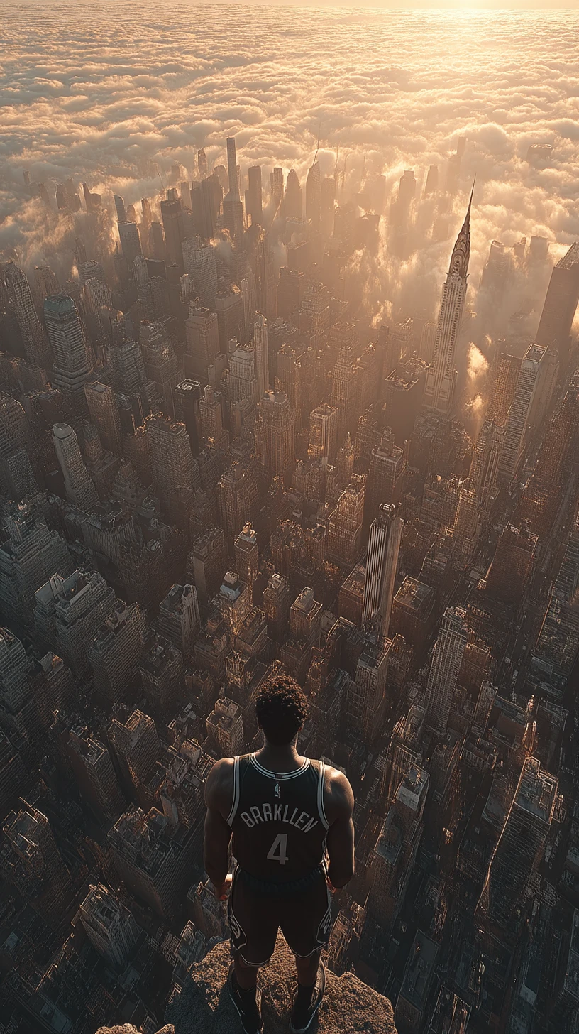 Basketball star towering above the New York City skyline