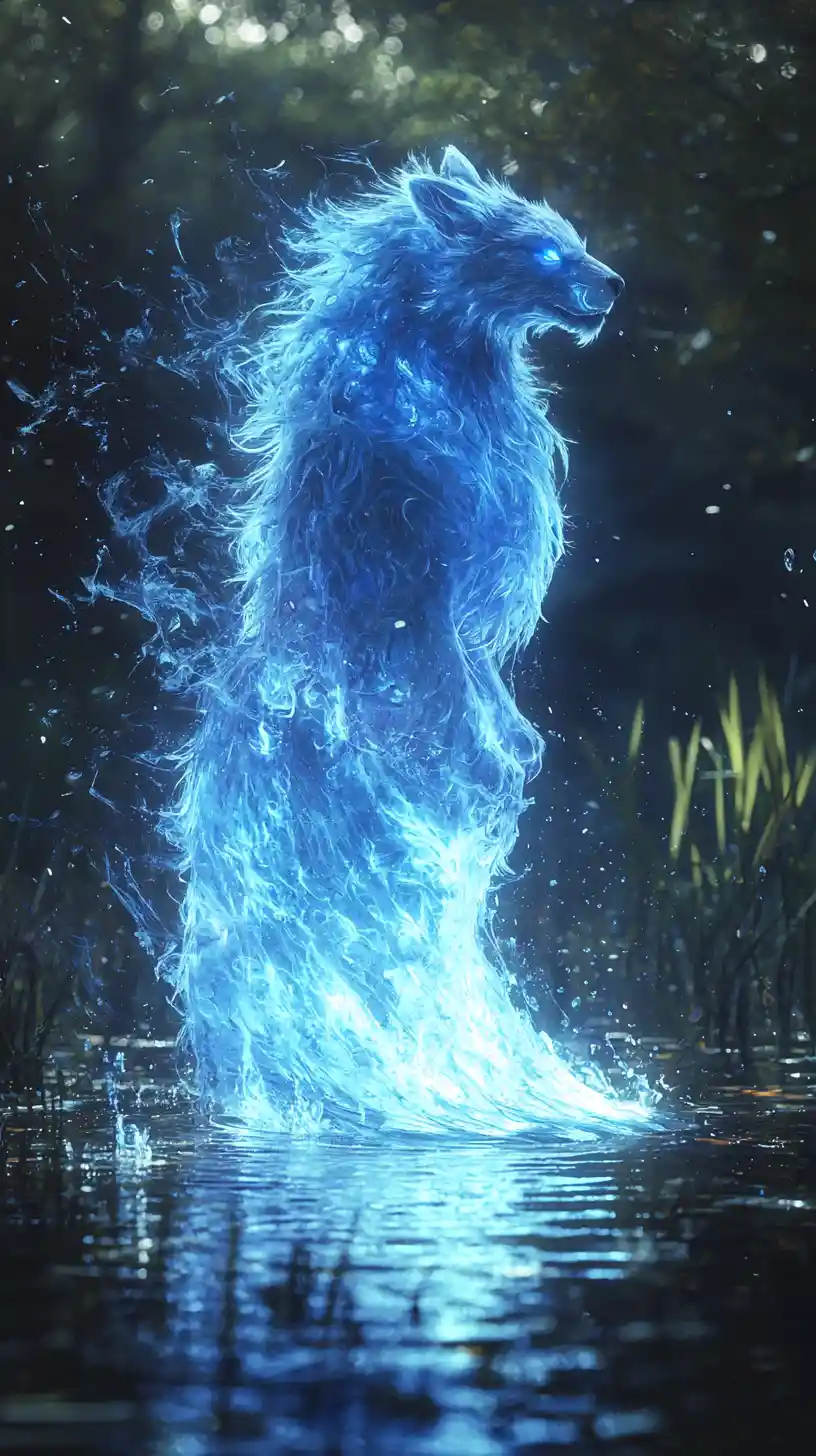 Blue mana elemental emerging from dark wetland waters