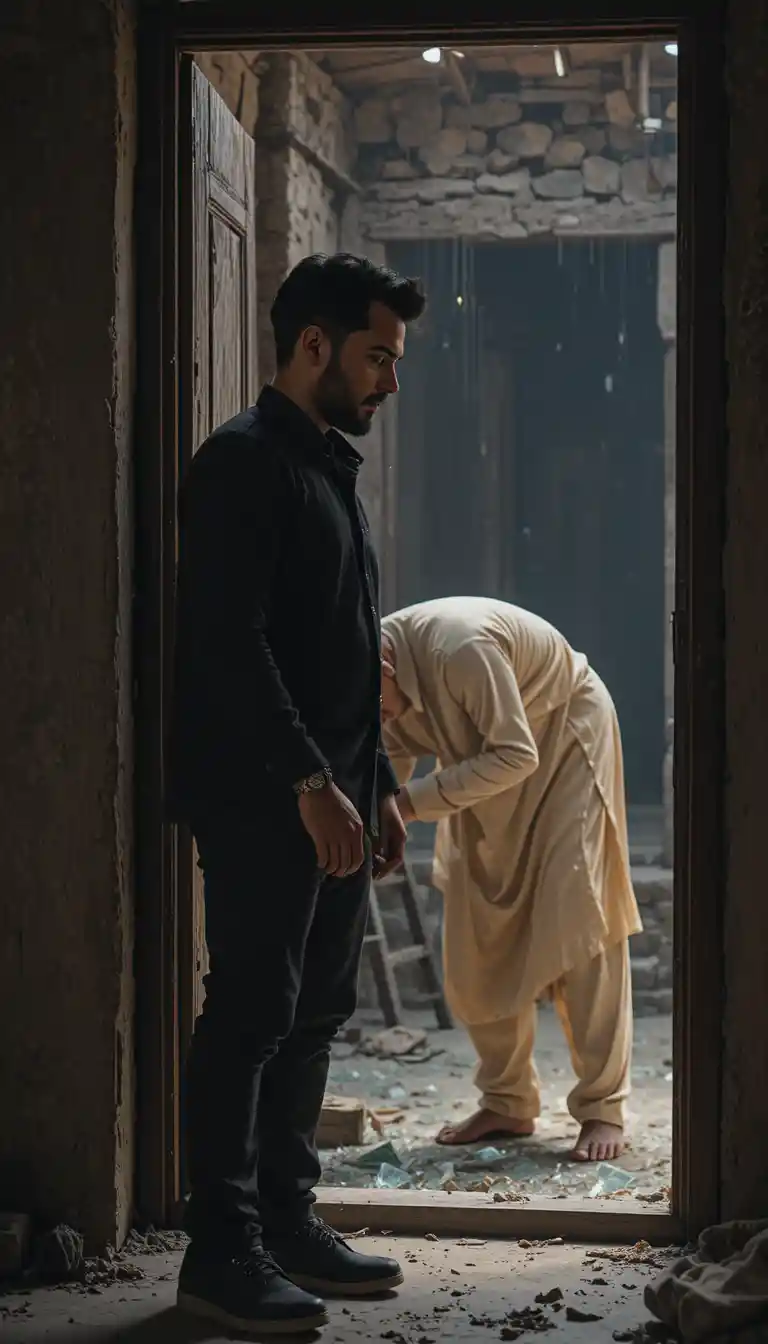Pakistani man in doorway shadows watching elderly father
