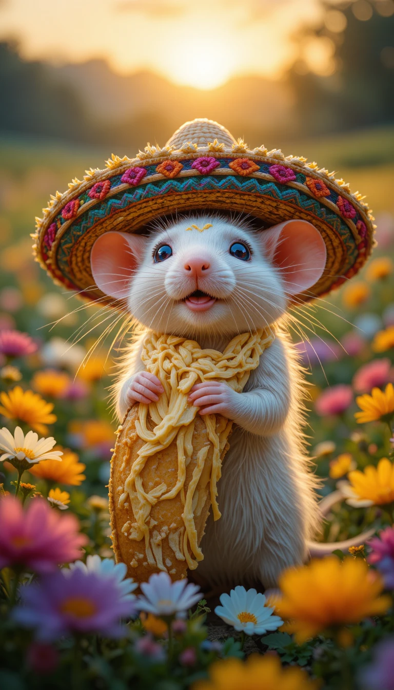 White raccoon in sombrero eating taco at sunset field