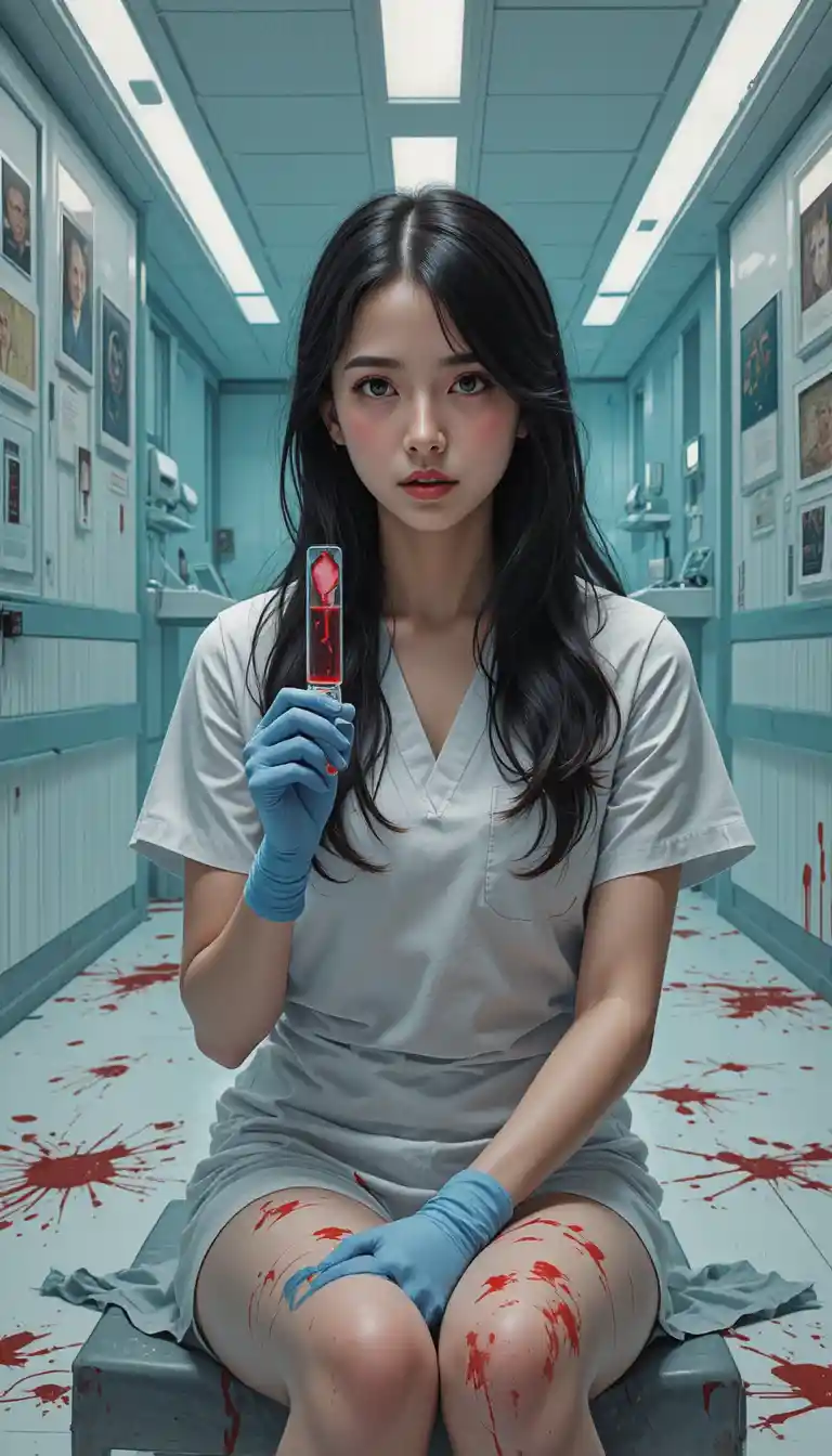 Anime nurse girl with syringe in bloody hospital room