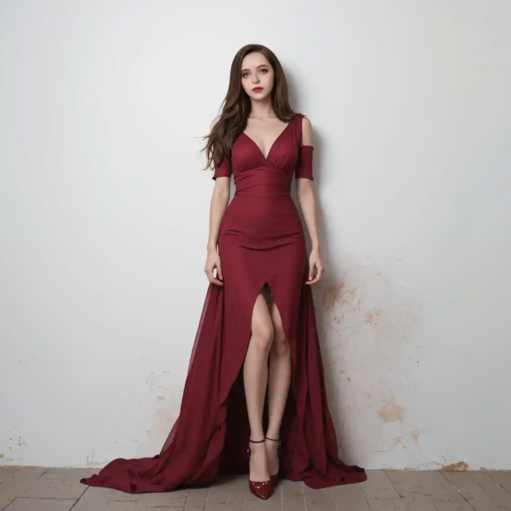 Young woman in wine dress standing by white wall