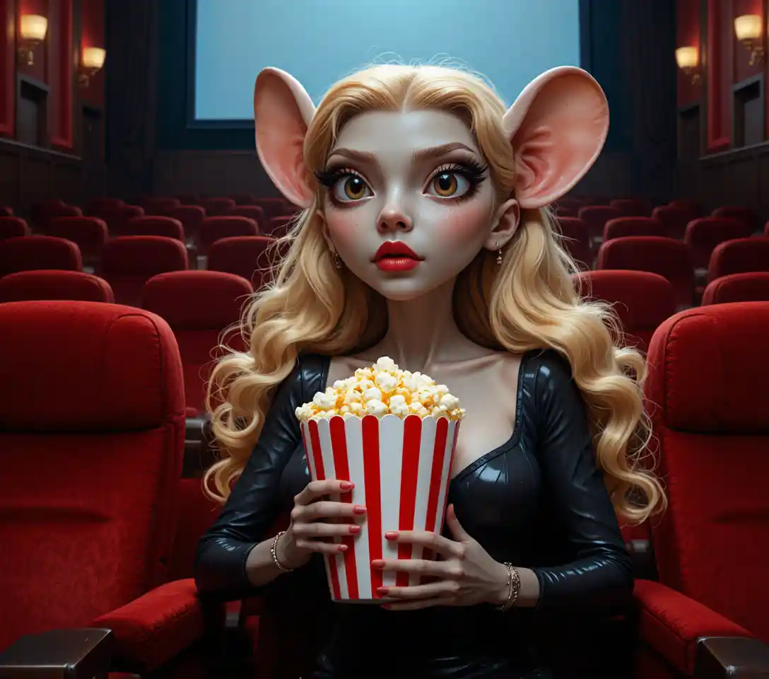Grey anthropomorphic mouse watching a movie with popcorn