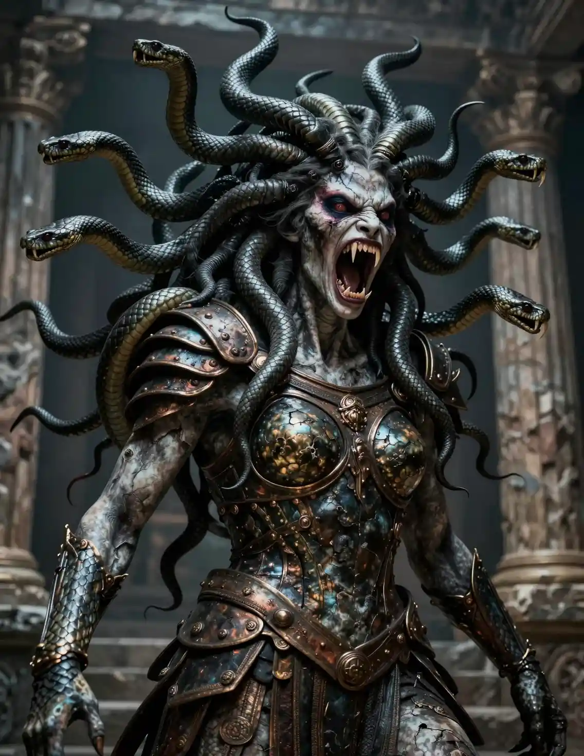 Terrifying Medusa Gorgon Roaring In Ancient Ruined Temple