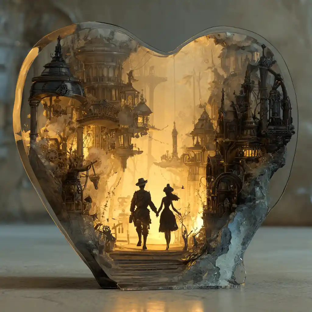 Heart shaped steampunk city with silhouettes walking to forest