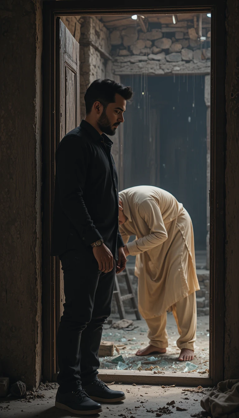 Pakistani man in doorway shadows watching elderly father