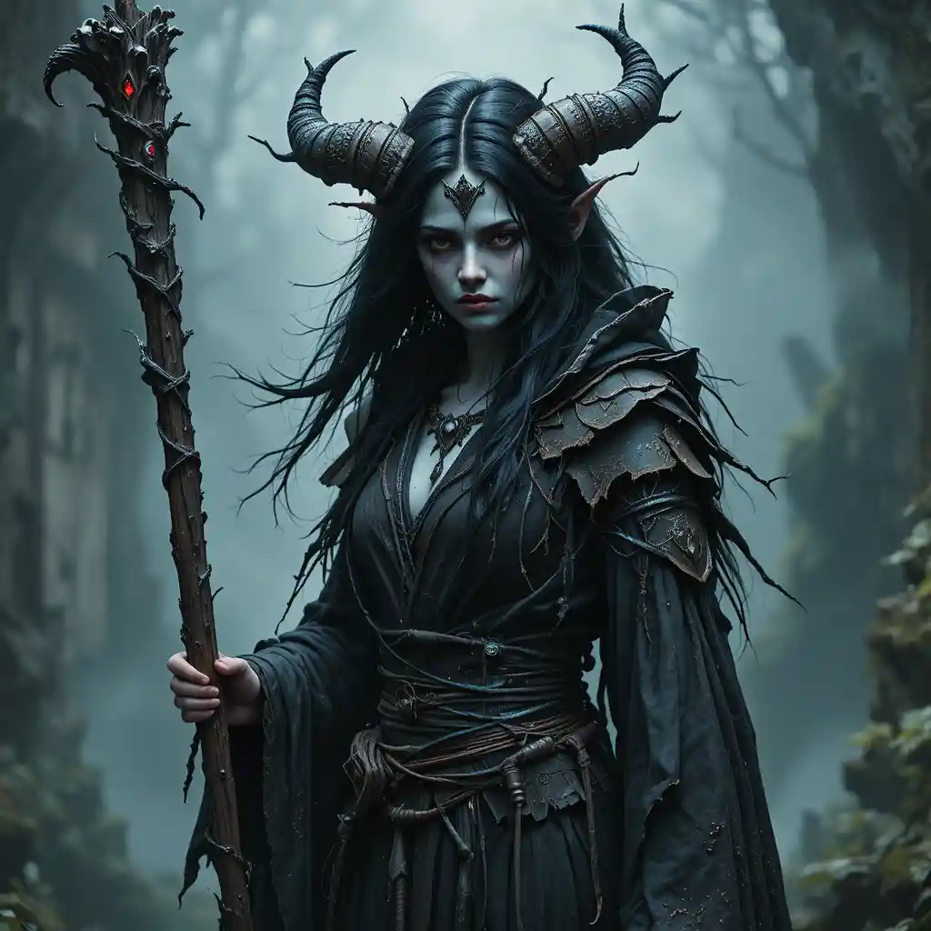 Dark sorceress with horns and staff in tattered robes