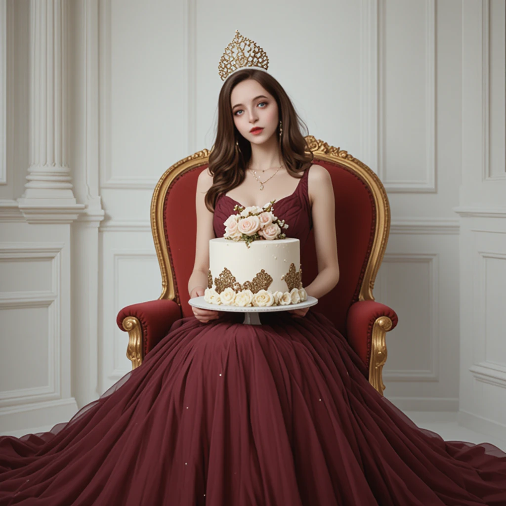 Young girl in burgundy dress holding a large cake