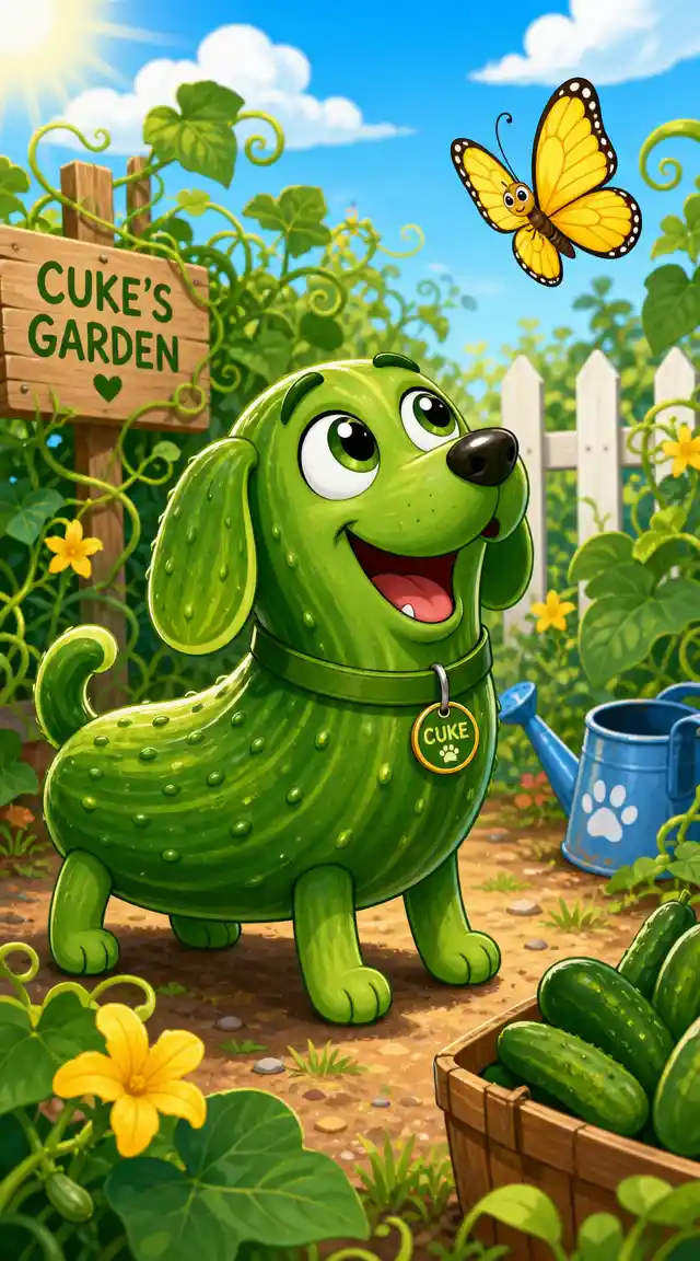 Cute green cucumber dog watching a yellow butterfly