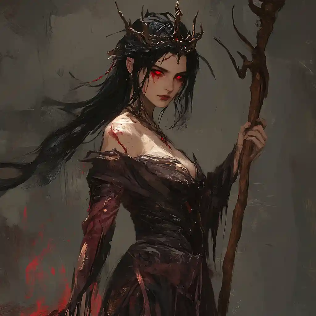 Dark sorceress with horns and staff in tattered robes