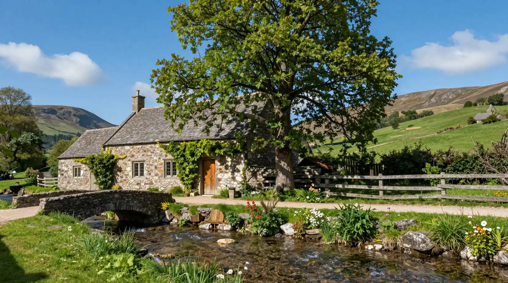 Stone cottage by stream in peaceful European countryside