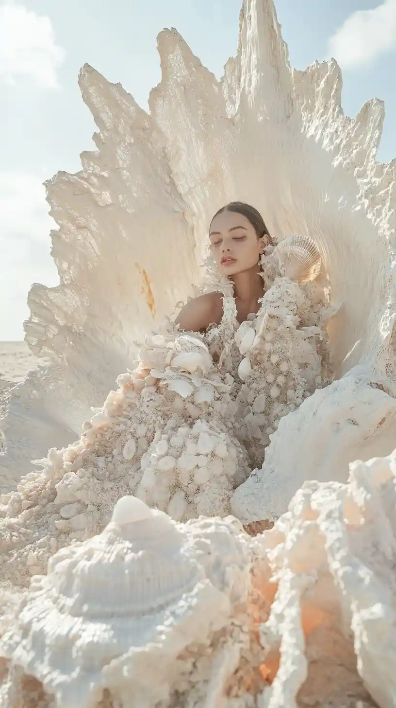 Fashion figure rising from sculptural shells and coral forms