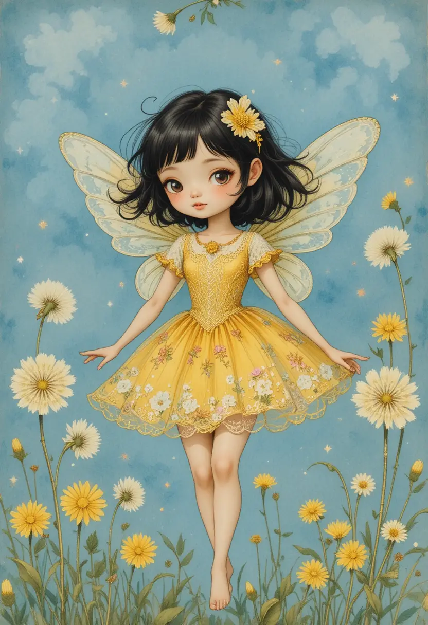 Cute dandelion fairy girl in a golden floral dress