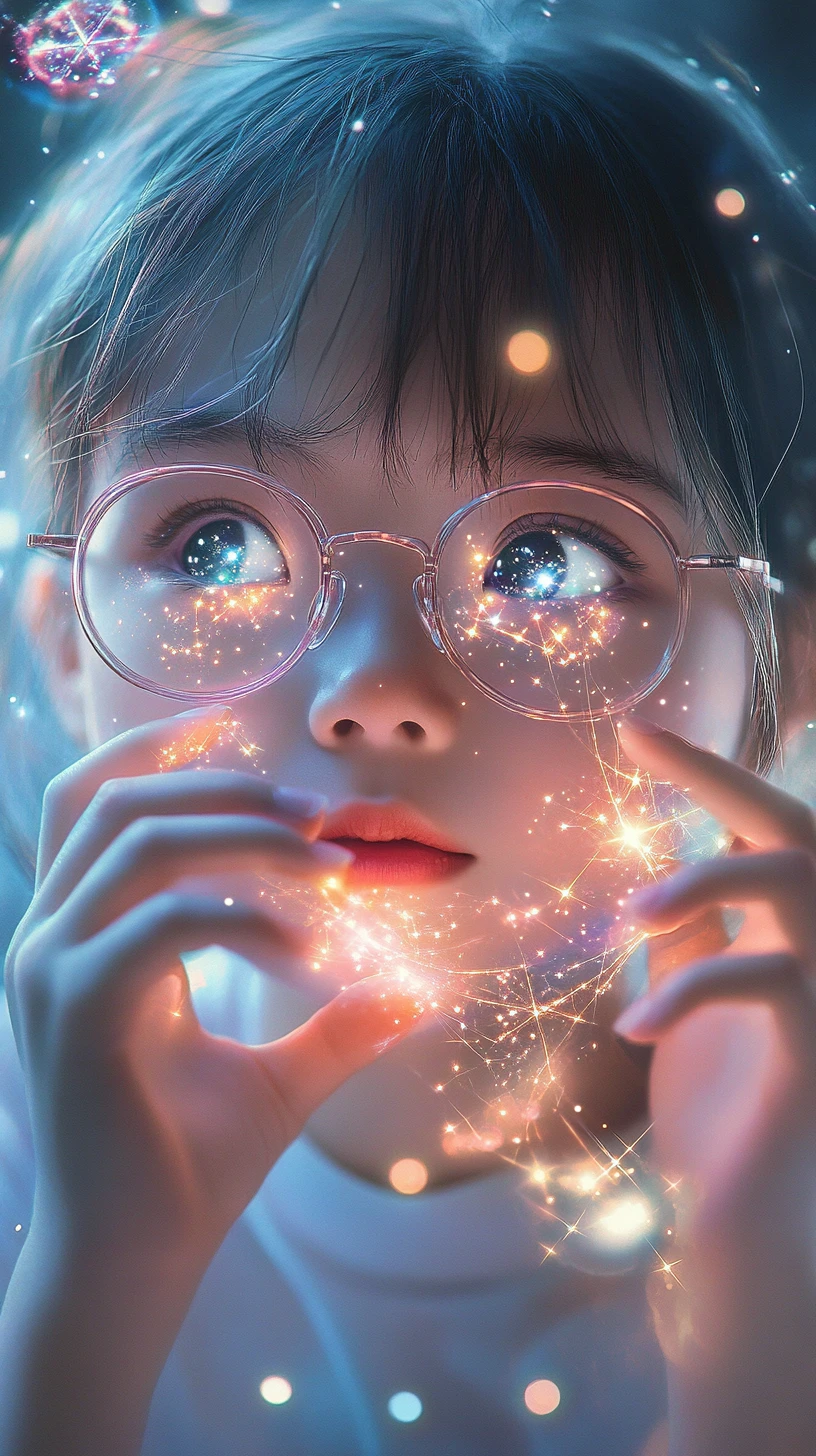 Girl weaving glowing starlight threads into floating galaxies