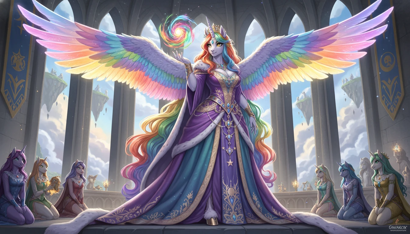 Regina alicorno alata arcobaleno con fluente chioma multicolore