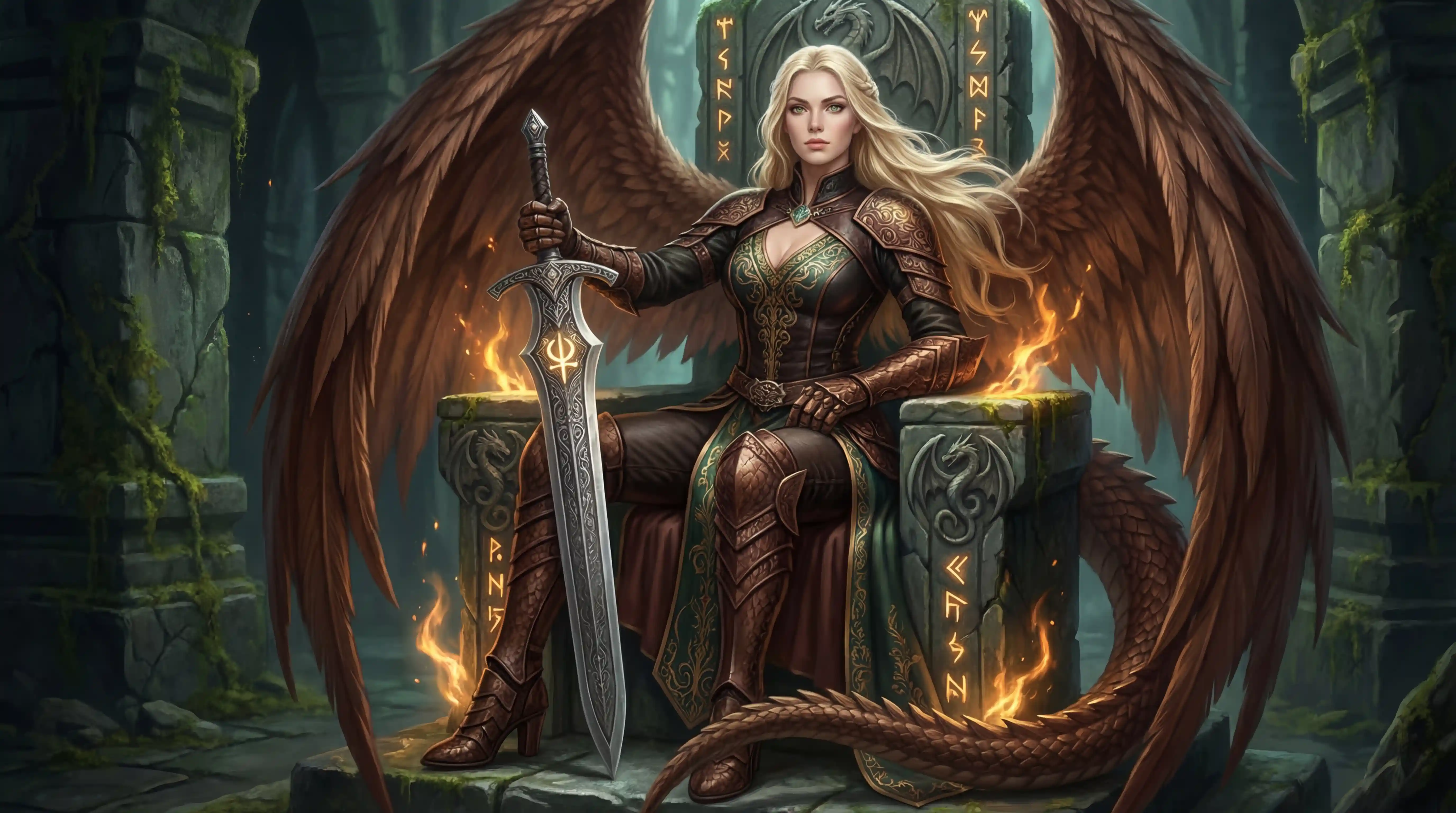 Regal dragon queen with blonde hair and emerald eyes