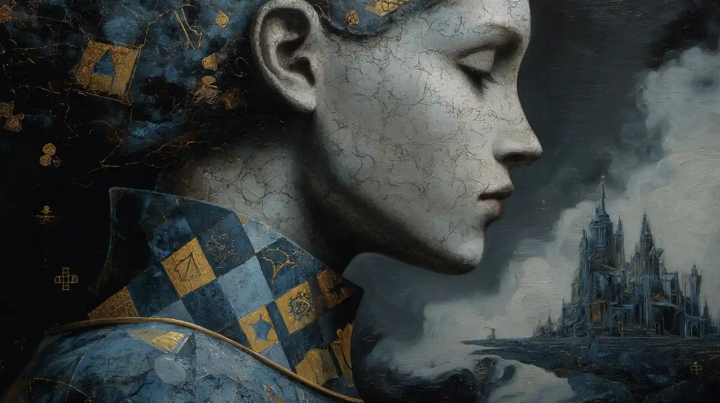 Surreal harlequin profile before a distant gothic structure