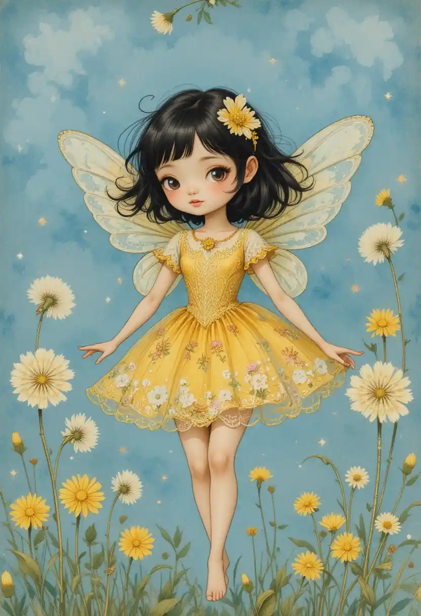 Cute dandelion fairy girl in a golden floral dress