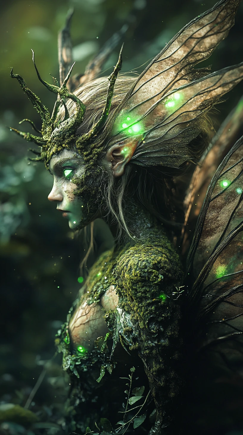 Fairy warrior emerging from shadows in enchanted forest