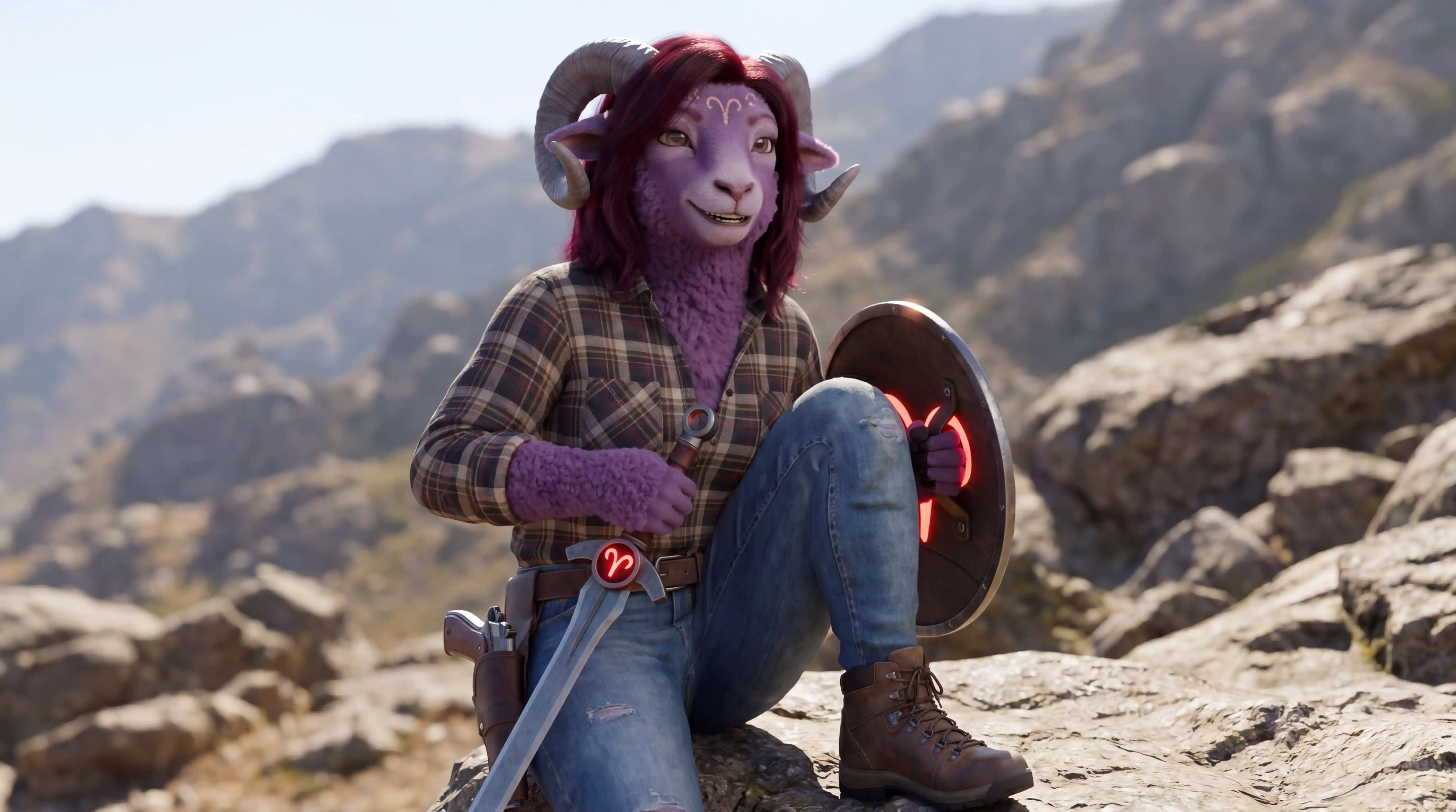 Purple fur aries warrior woman with sword and shield