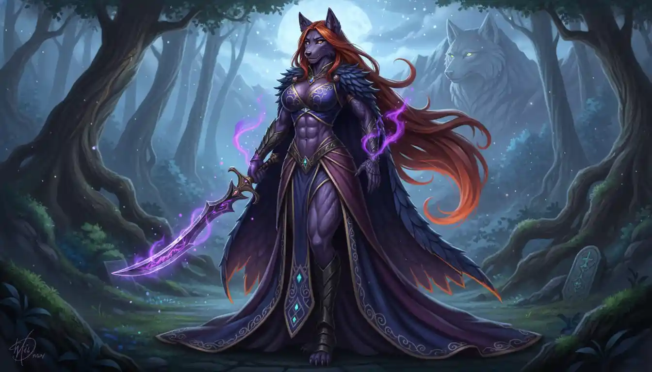 Regal fantasy wolf queen with dark purple fur and armor