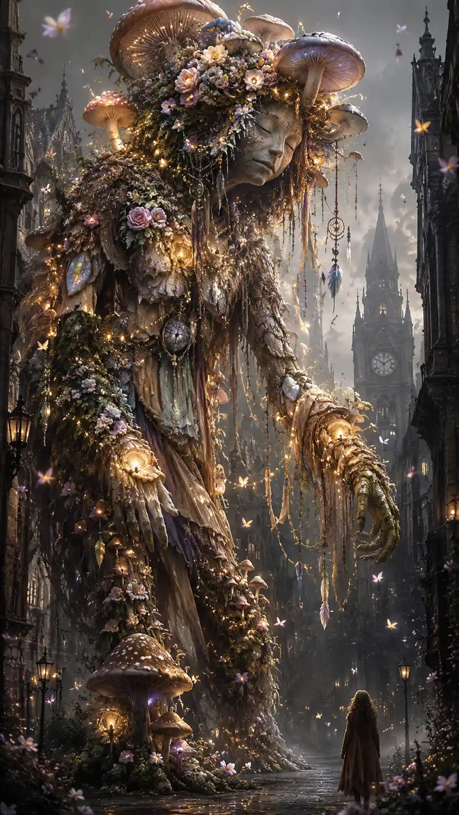 Giant Forest Spirit Of Mushrooms In Gothic City Streets