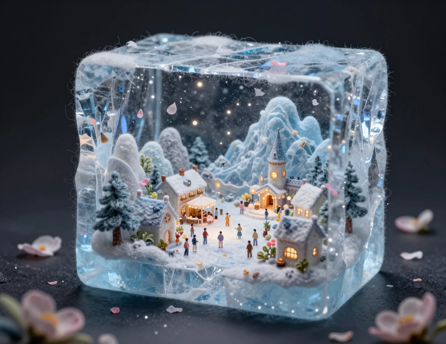 Miniature Felt Village Festival Frozen Inside Clear Ice Block