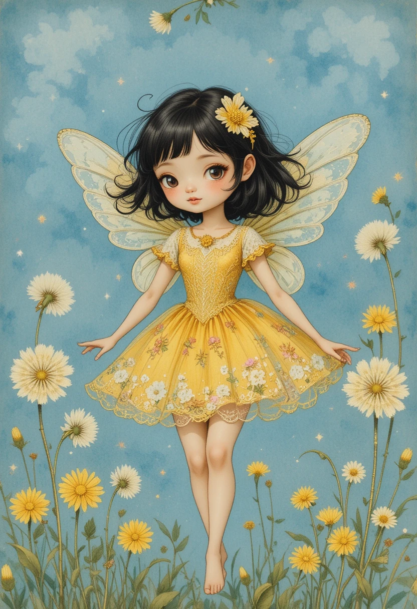 Cute dandelion fairy girl in a golden floral dress