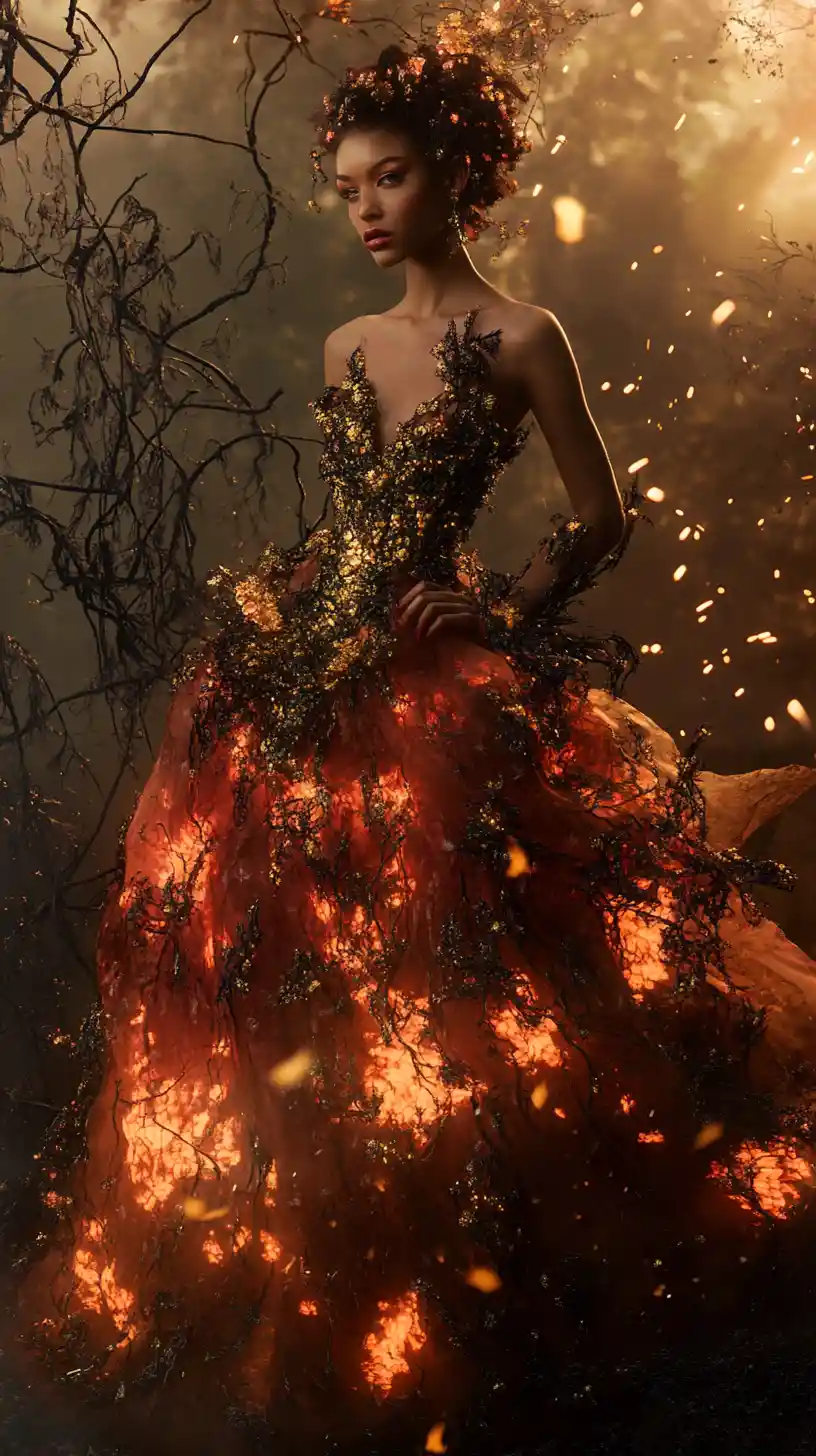 Dragon inspired fashion muse in a burning fantasy garden