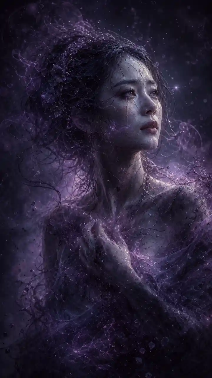 Sad woman emerging from living purple mist in darkness