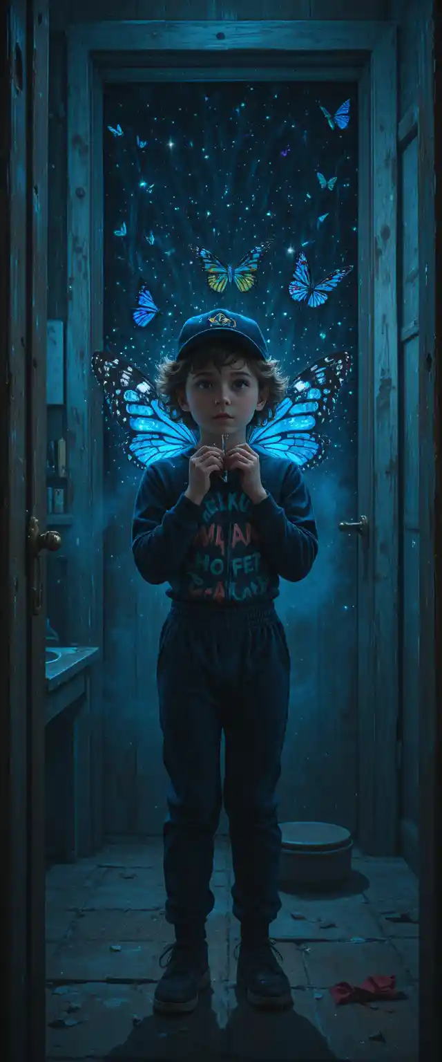 Young child before a magical door to the stars