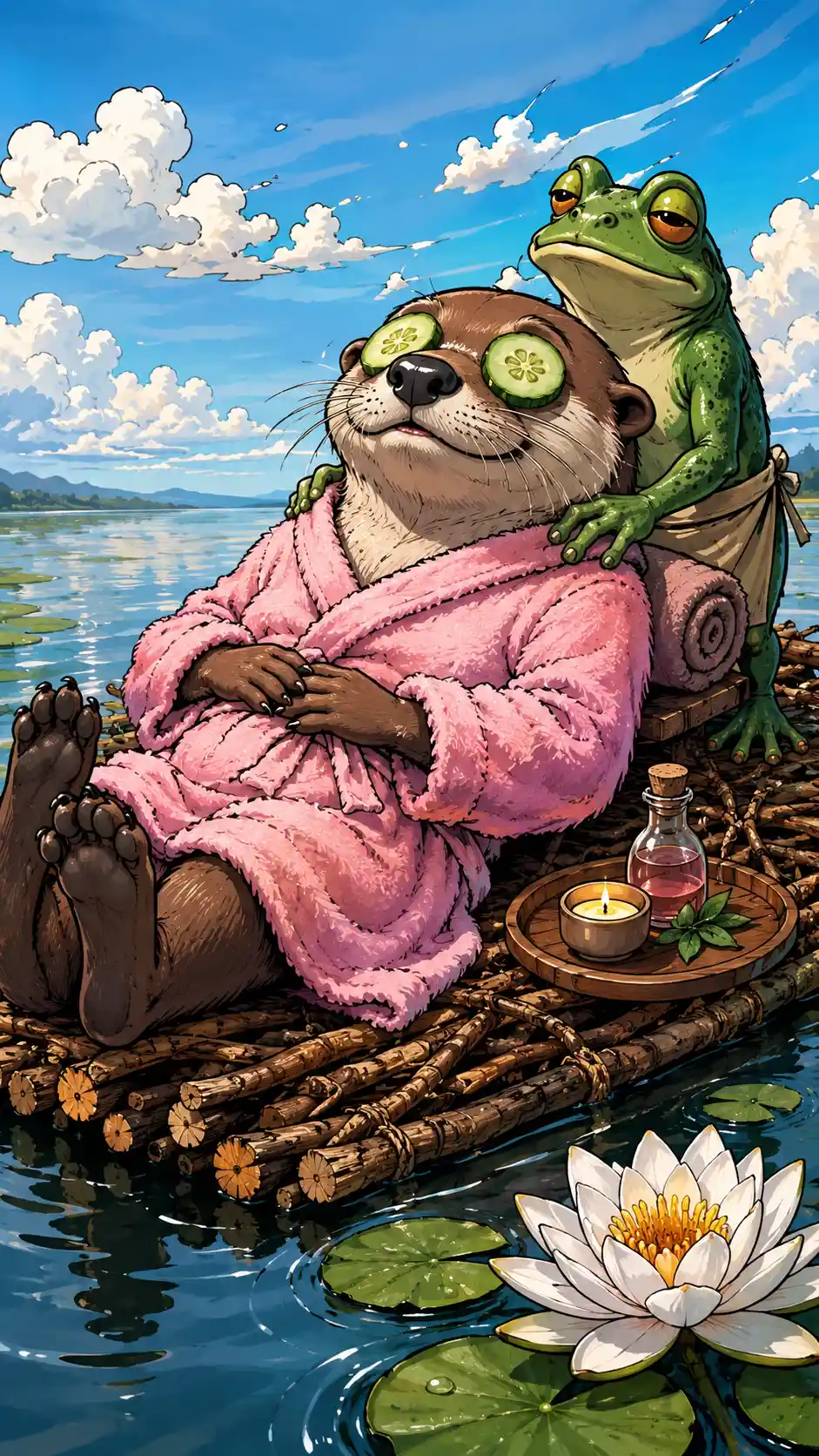 Cartoon-Otter im rosa Bademantel entspannt auf einem Holzfloß