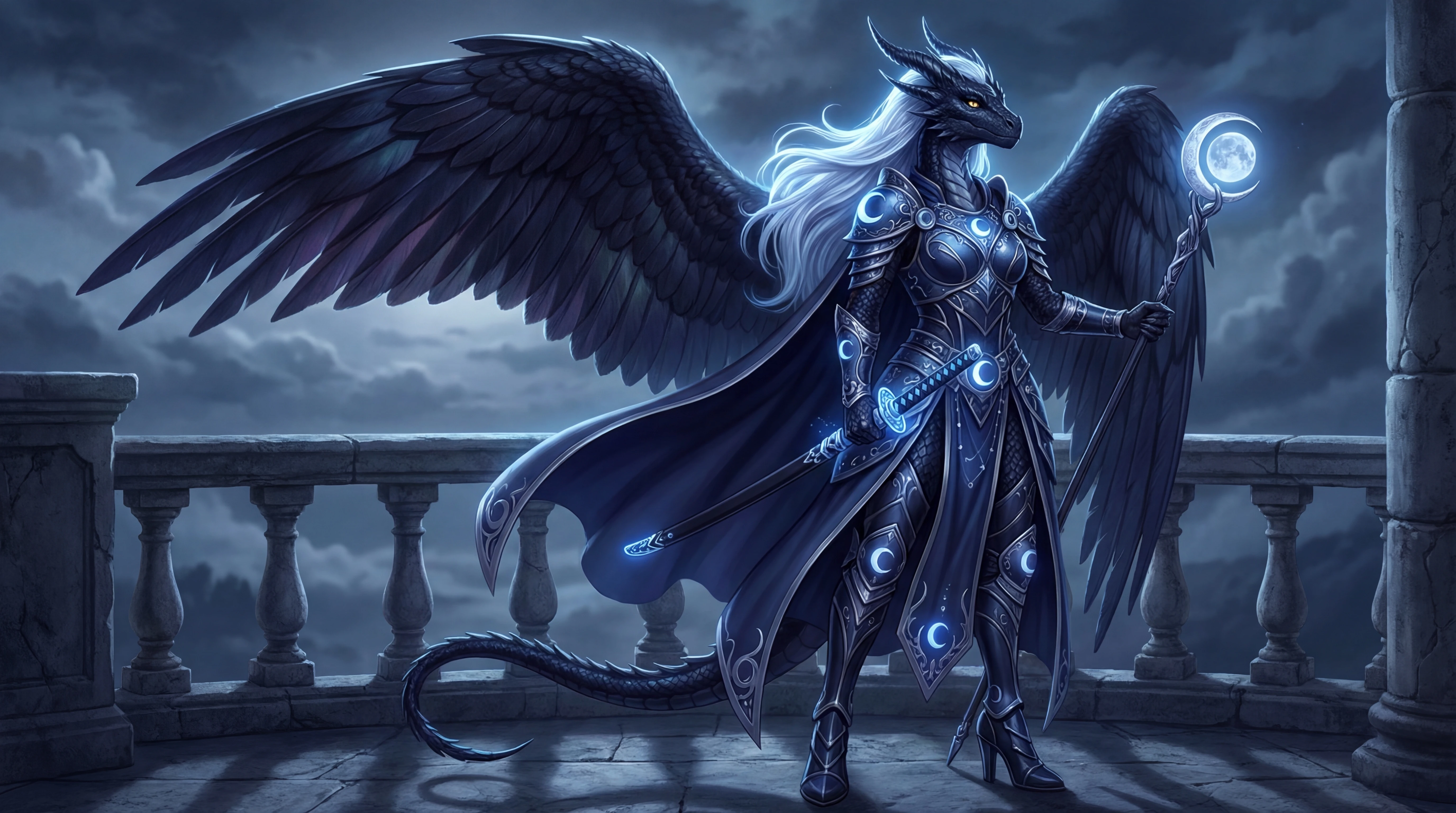 Winged dragon queen woman with lunar katana and crown