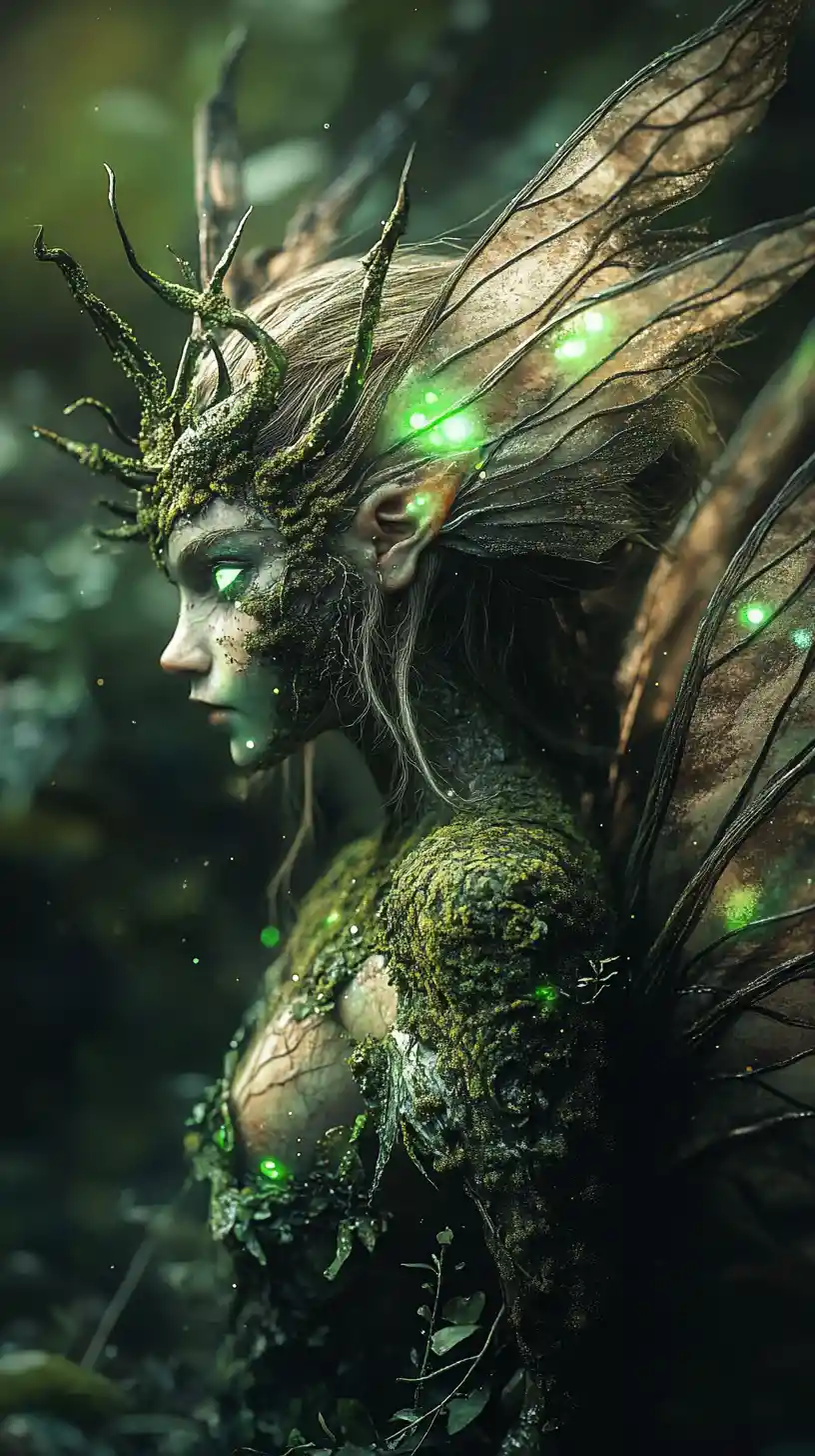 Fairy warrior emerging from shadows in enchanted forest