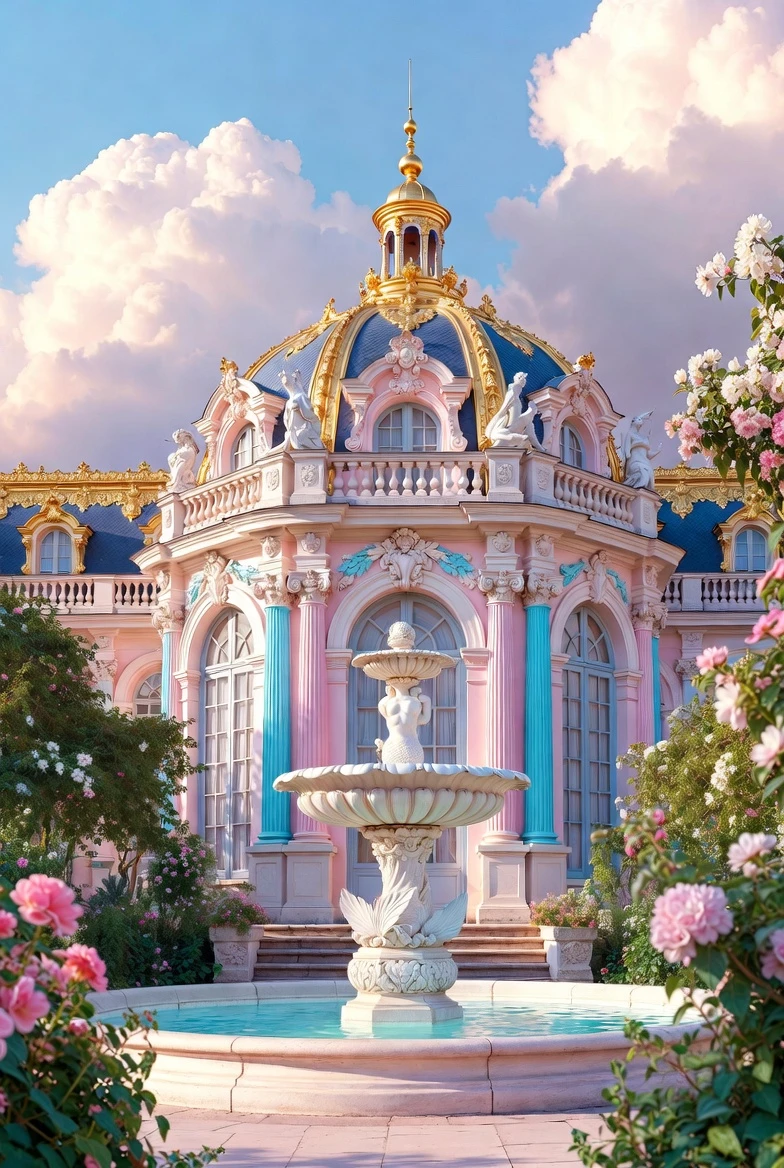 Fantasy palace orangerie with neon pastel dark whimsy