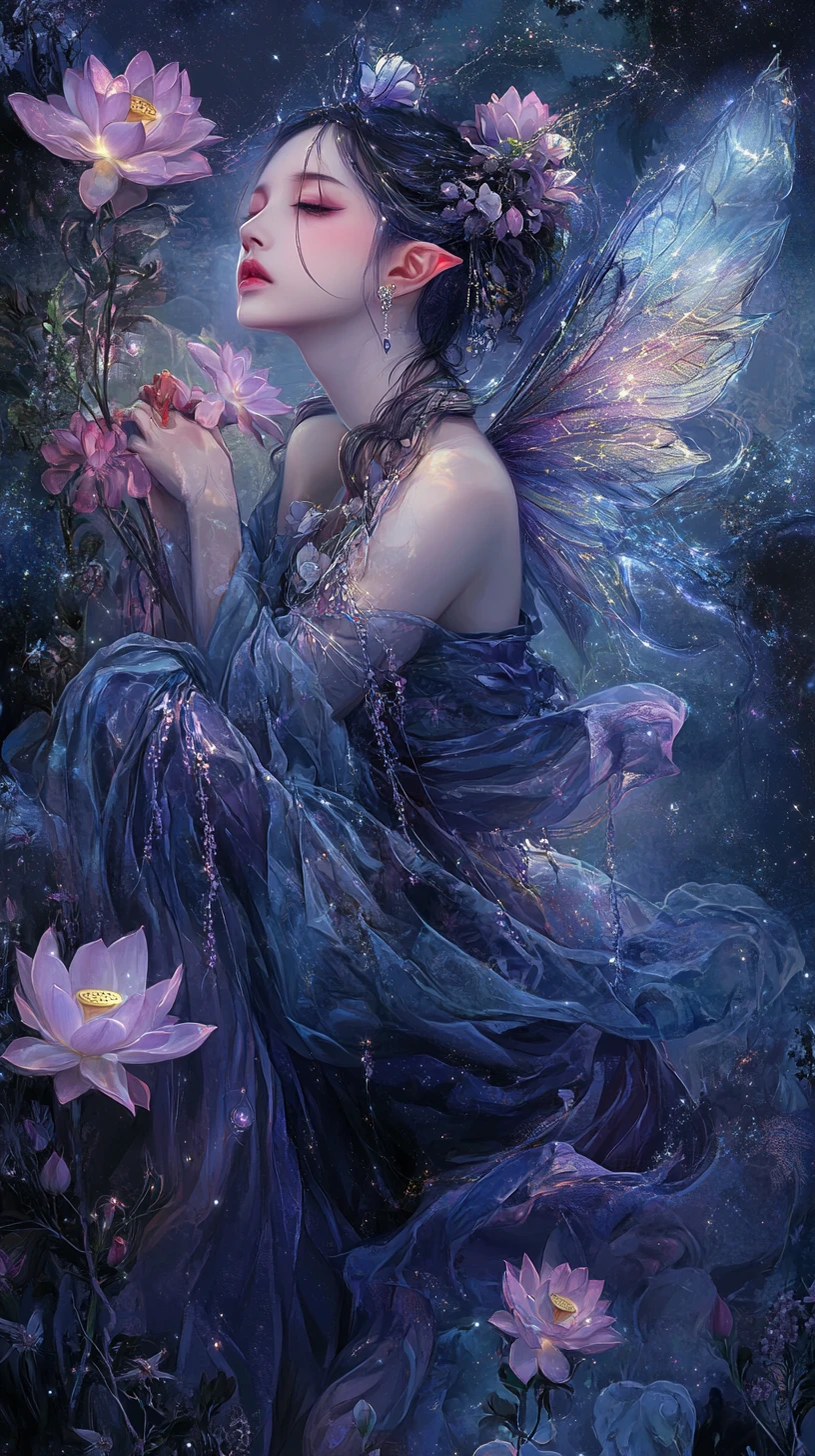 Mystical fairy woman in indigo silks with lotus blooms