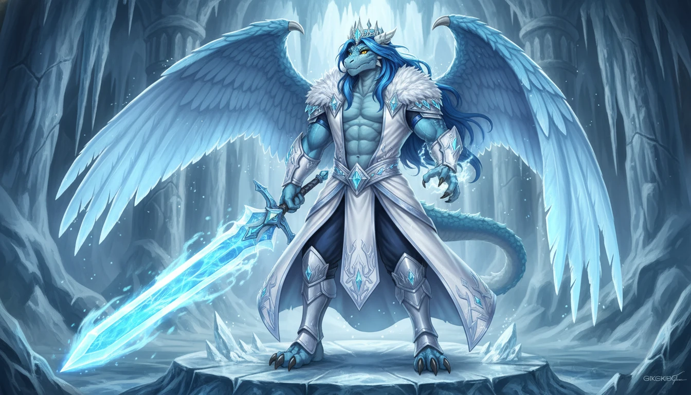Winged ice dragon king with greatsword and royal armor