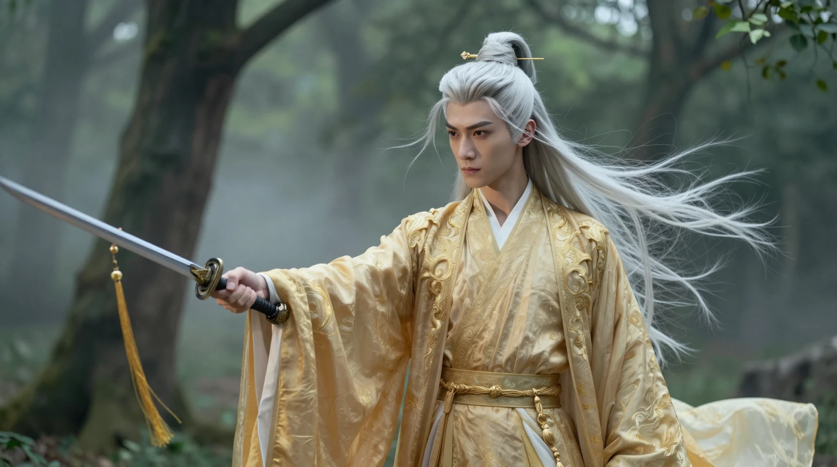 Silver haired Chinese swordsman at the edge of a misty forest