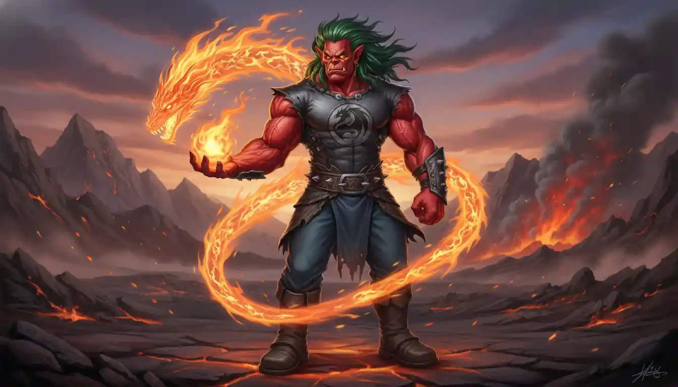 Red orc fire dragon mage in casual modern clothes