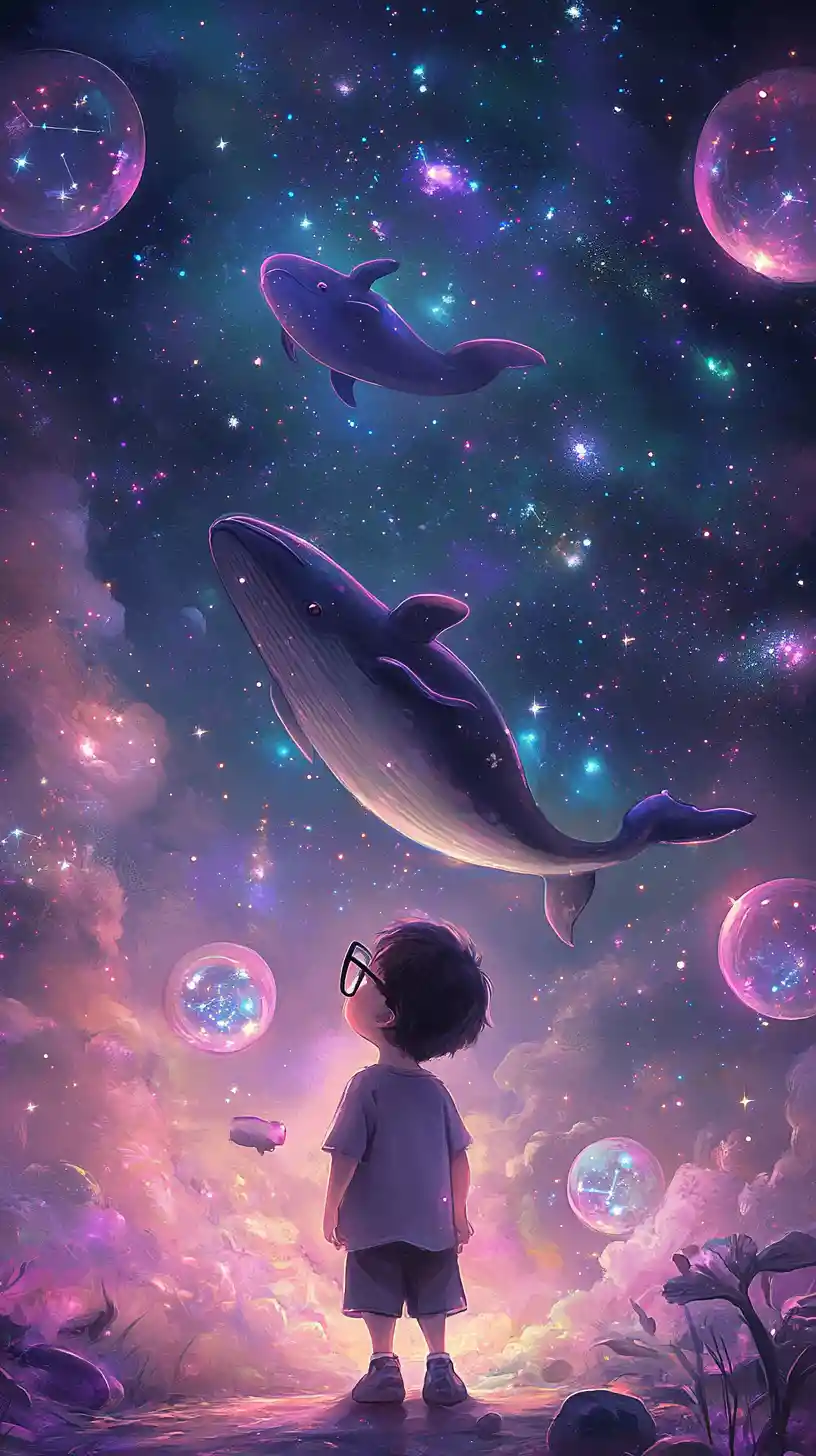 Child with giant glasses watching whale constellations above
