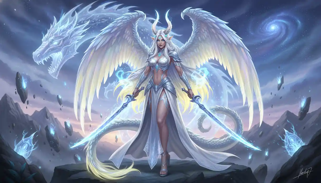 Regal spirit dragon queen woman with horns and swords
