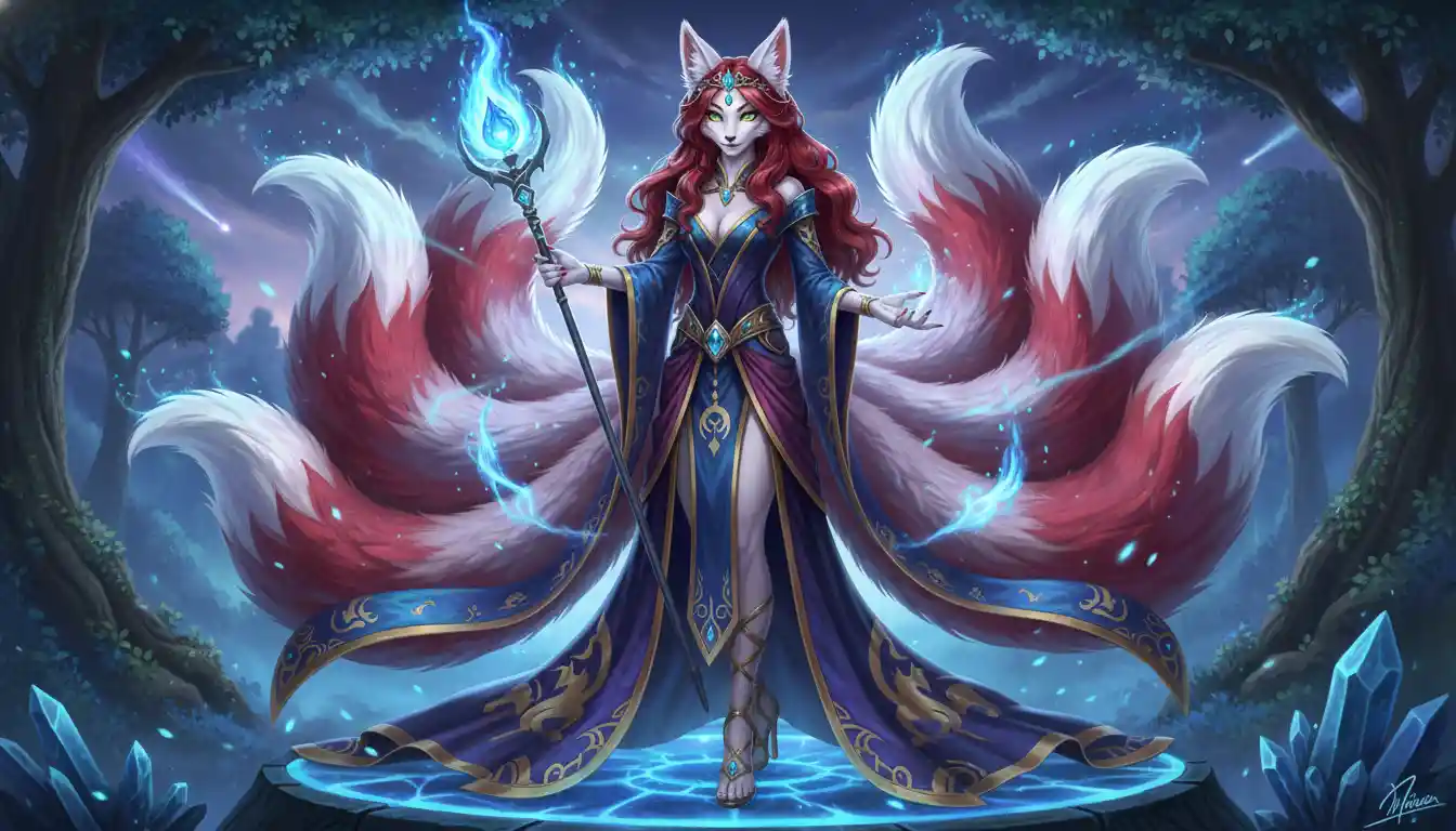Regal nine tailed white kitsune queen in ornate attire