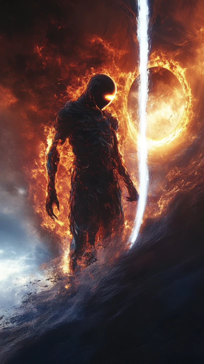 Ghostly warrior splitting dimensions under a torn sky