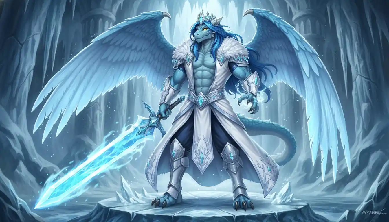 Winged ice dragon king with greatsword and royal armor
