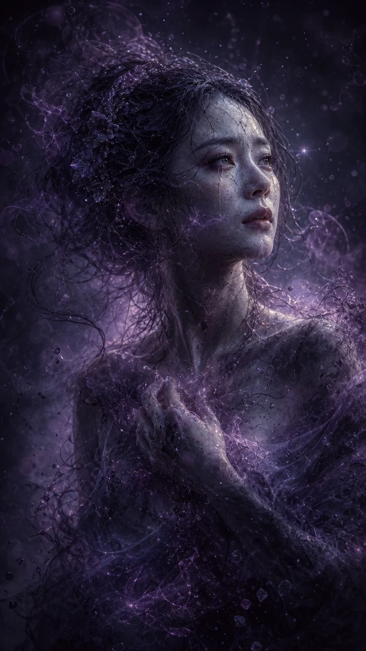 Sad woman emerging from living purple mist in darkness