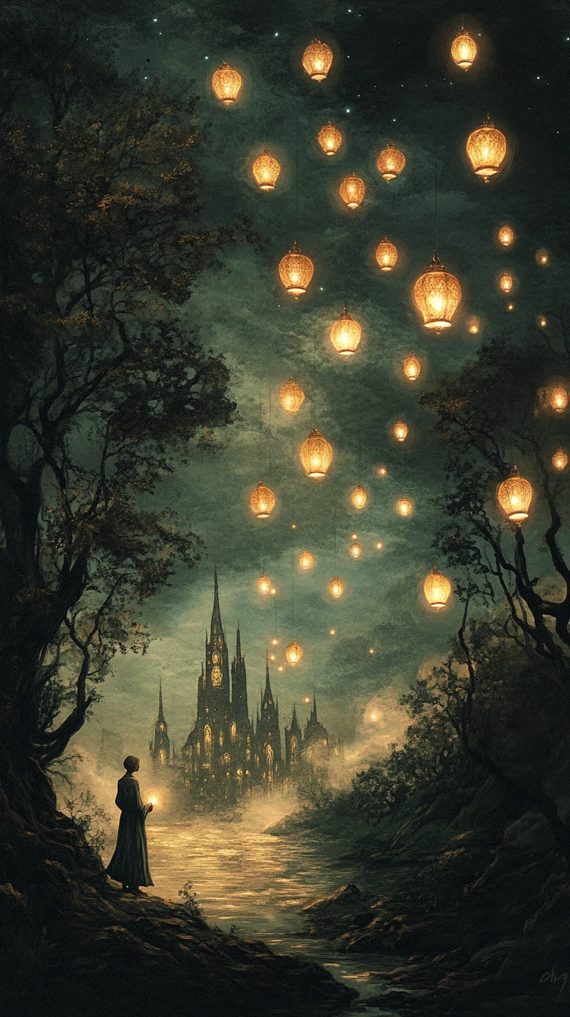 Figura serena guiando criaturas linterna brillantes a través de un prado oscuro