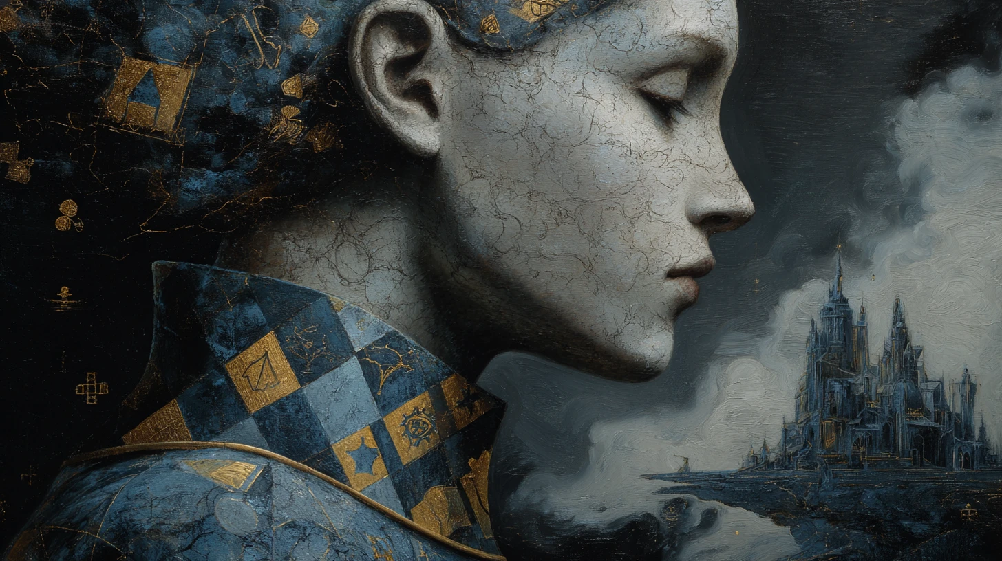Surreal harlequin profile before a distant gothic structure